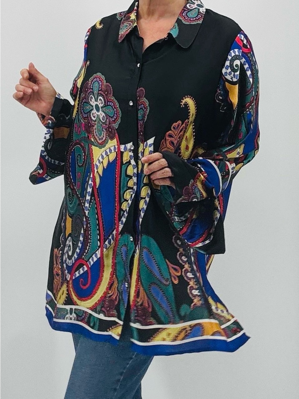 Vintage Y2K Artsy Boho Paisley Abstract Print Satin Rhinestone Tunic Top Size 1X - Picture 2 of 13
